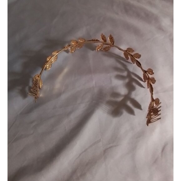 Gold Tone Leaf Bridal Formal Headband With Side Combs - Picture 4 of 4